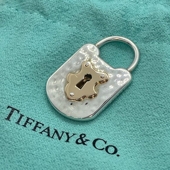 Tiffany & Co Silver & 18K Rose Gold Mini Hammered Oval Lock Key Charm Pendant - Picture 3 of 12